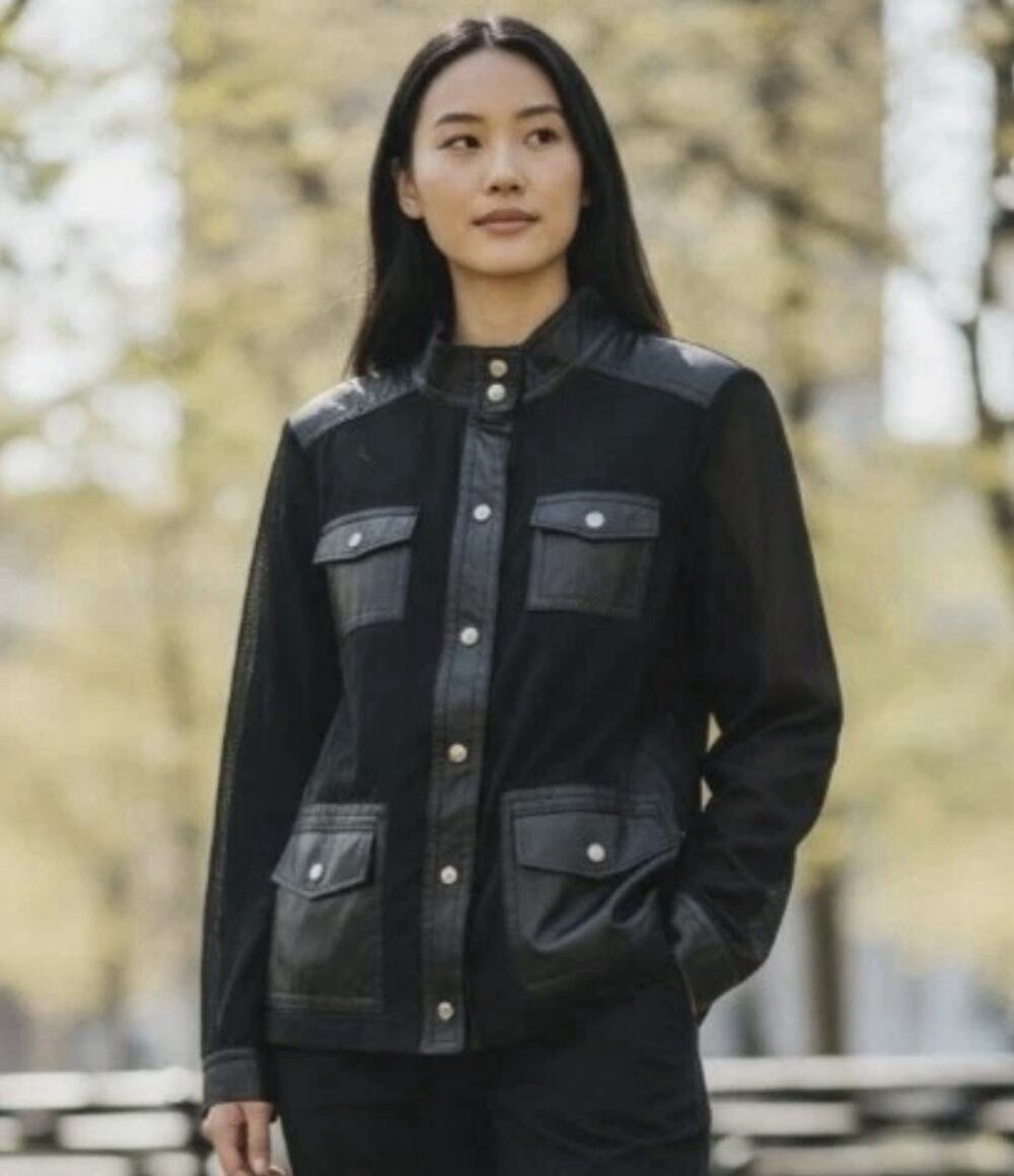 Chicos Zenergy Top Womens 4 XXL Black Mesh Faux Leather Trim Snap Pockets